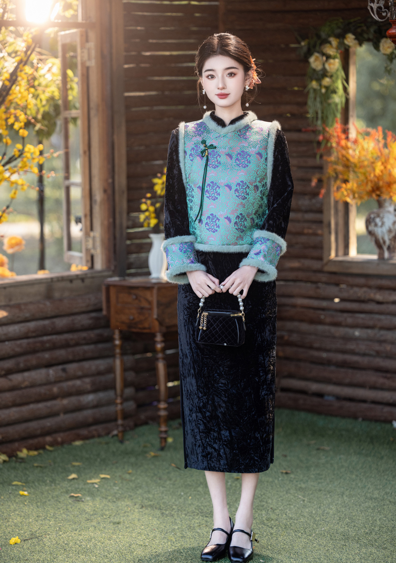 纯芯旗袍《黛尔》120CM冬季加绒后拉链显瘦复古旗袍带马甲