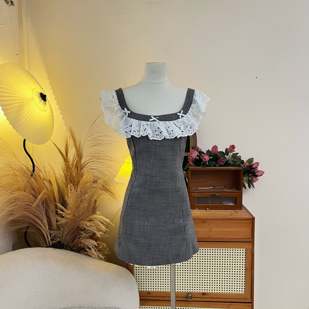 LHTE青青大码女装 气质甜美收腰蕾丝领蝴蝶结连衣裙C9661灰色