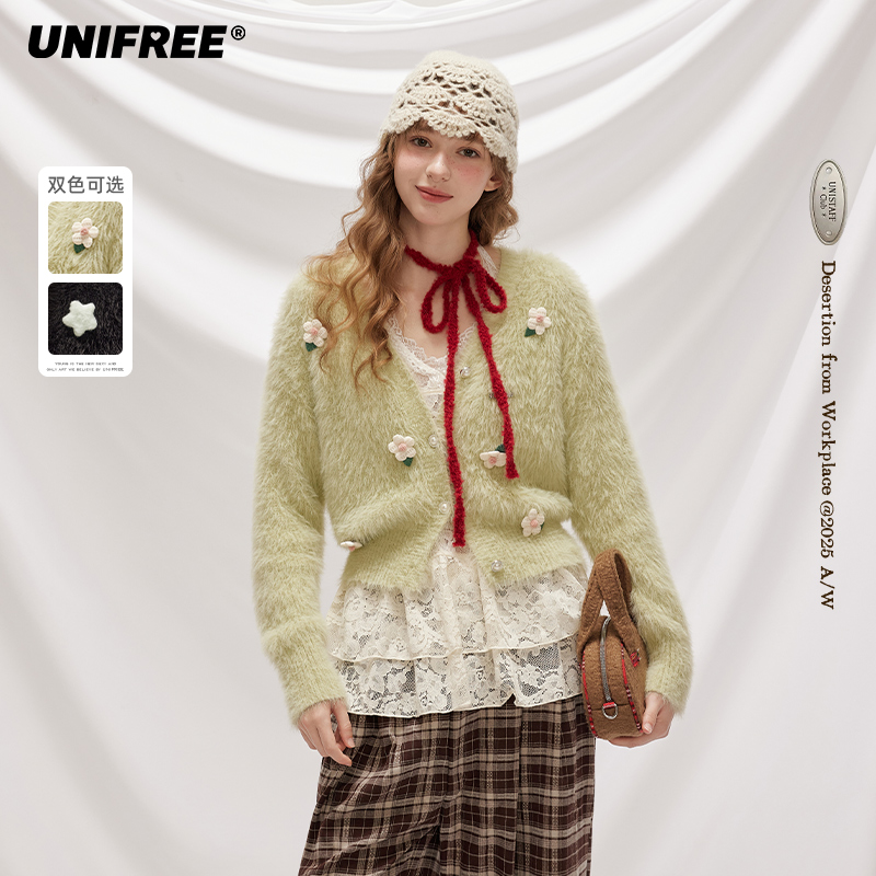 【云c专属】UNIFREE马海毛水貂绒V领针织衫U253N288B1B1