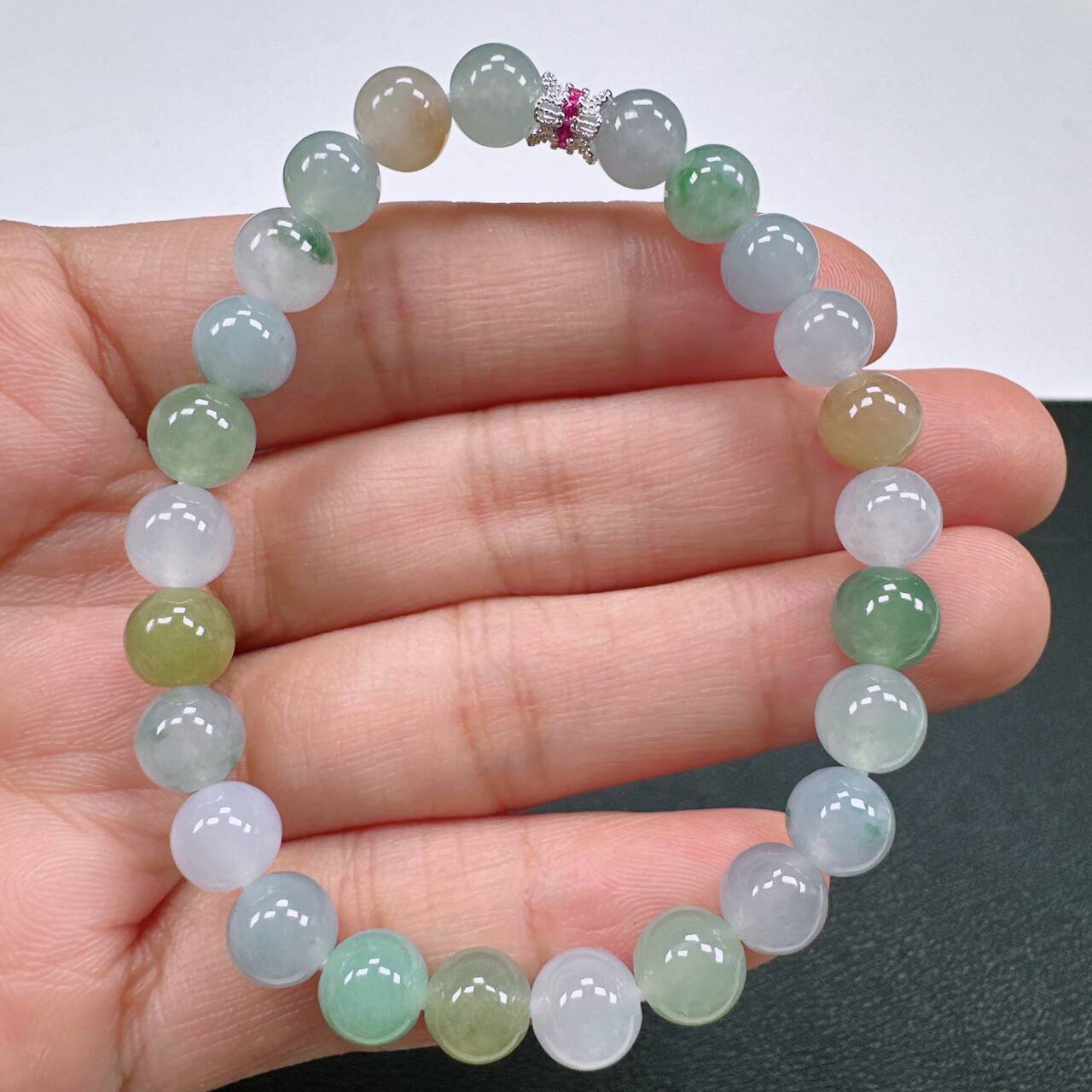缅甸天然A货翡翠手串卡7mm老坑糯冰种浅马卡龙圆珠女款时尚手串
