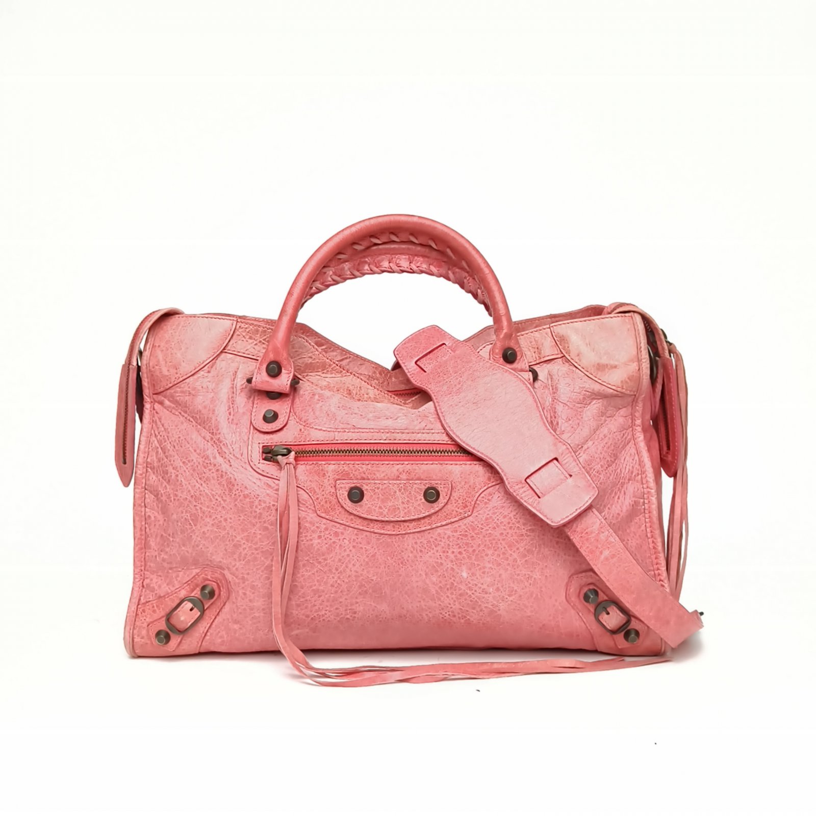 95新 Balenciaga/巴黎世家 【娇】机车包38粉色皮革S钨钢扣 130727