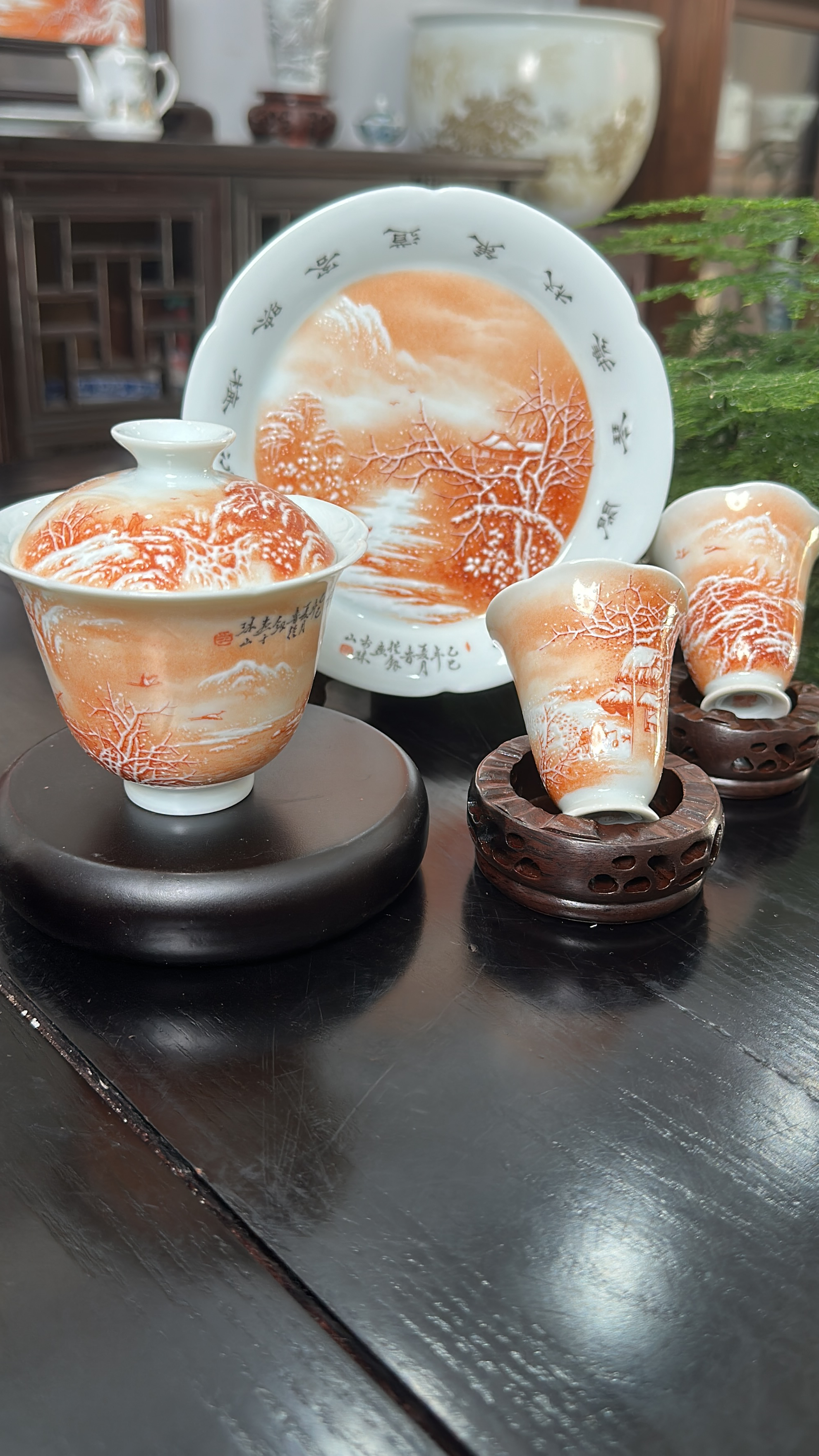 粉彩雪景手工陶瓷白瓷高档中式纯手工茶具套组家用茶杯瓷盖碗茶碗