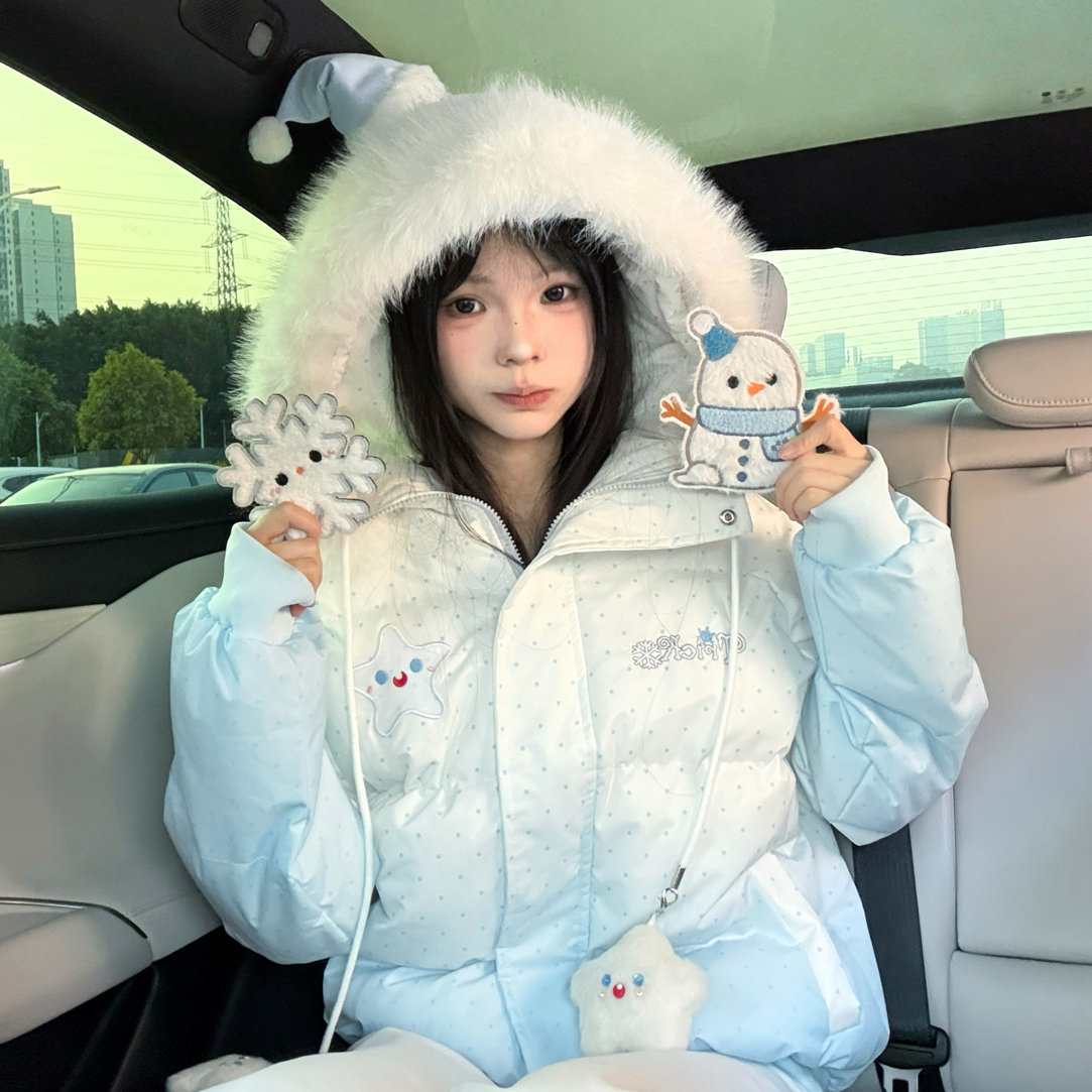 做梦特长生 甜美雪人刺绣魔术贴毛领连帽面包服加厚保暖棉服外套