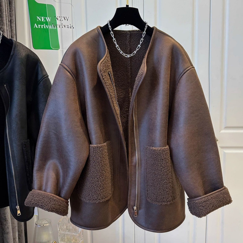 人造皮草 拉链皮毛拼接假两件一体圆领外套女秋冬款上衣保暖休