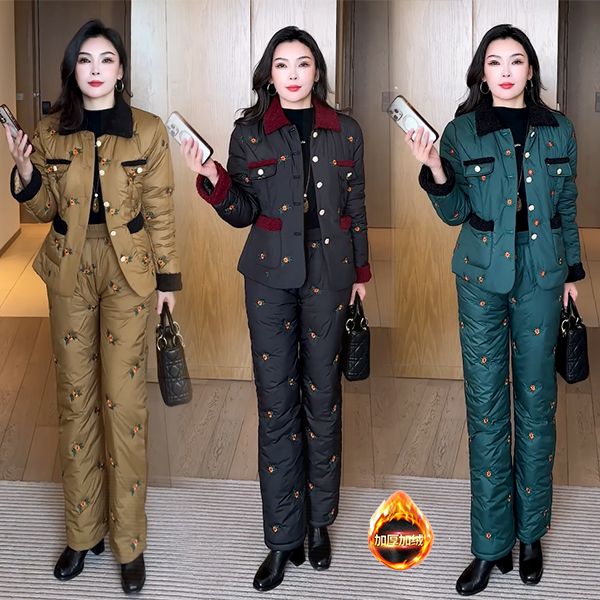【季颜品牌】冬季新款加厚加绒气质显瘦时尚小香风刺绣棉服套装65