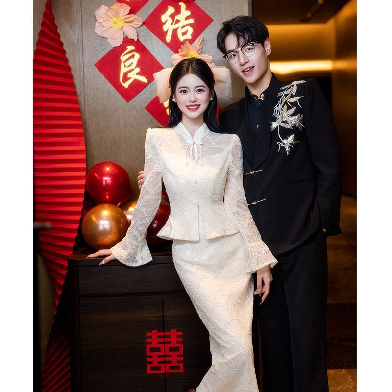 香槟色订婚旗袍敬酒新娘新中式结婚礼服连衣裙高级感长袖两件套