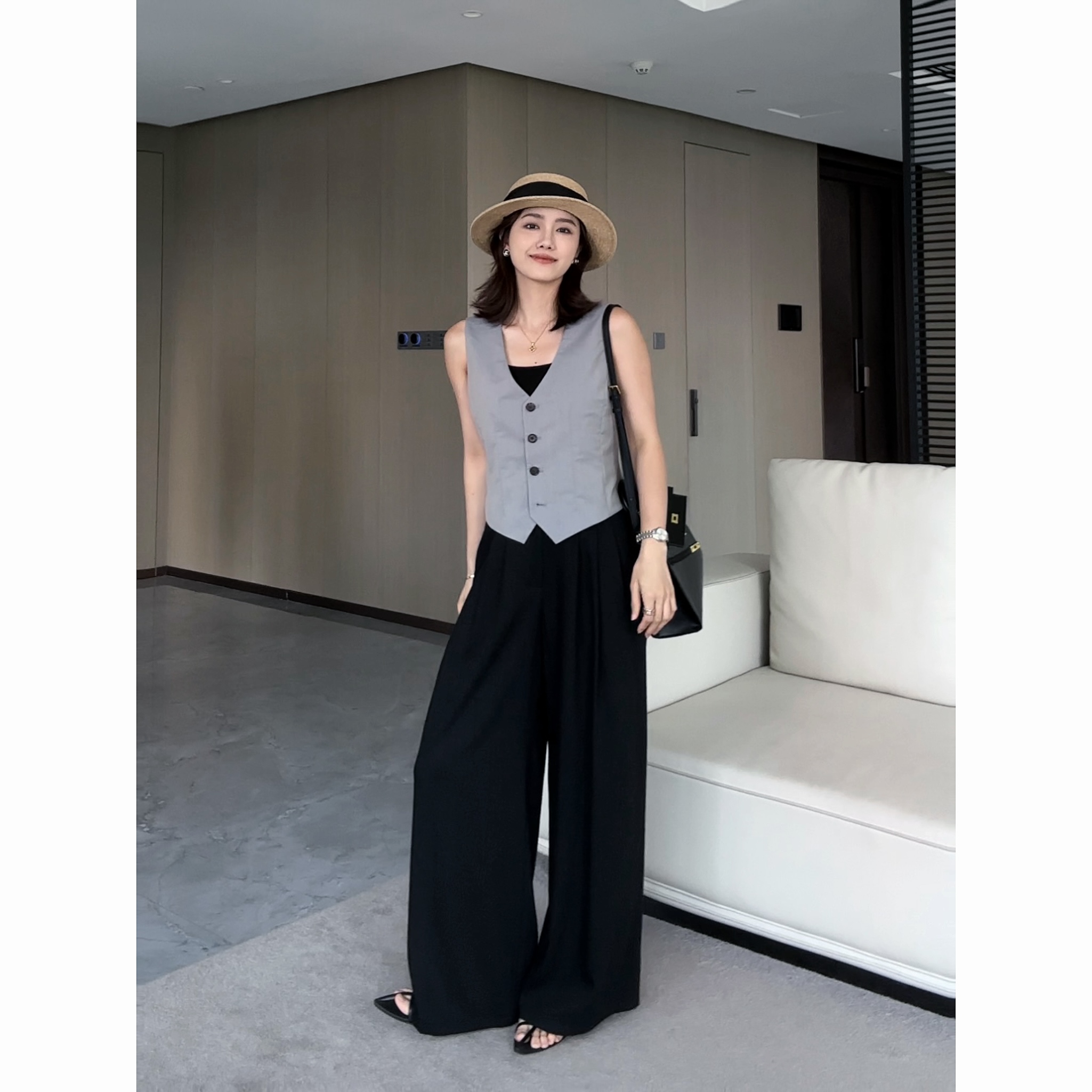 REALNEEI【静夜】极简风慵懒风亚麻纯色松紧腰直筒休闲裤10740显瘦