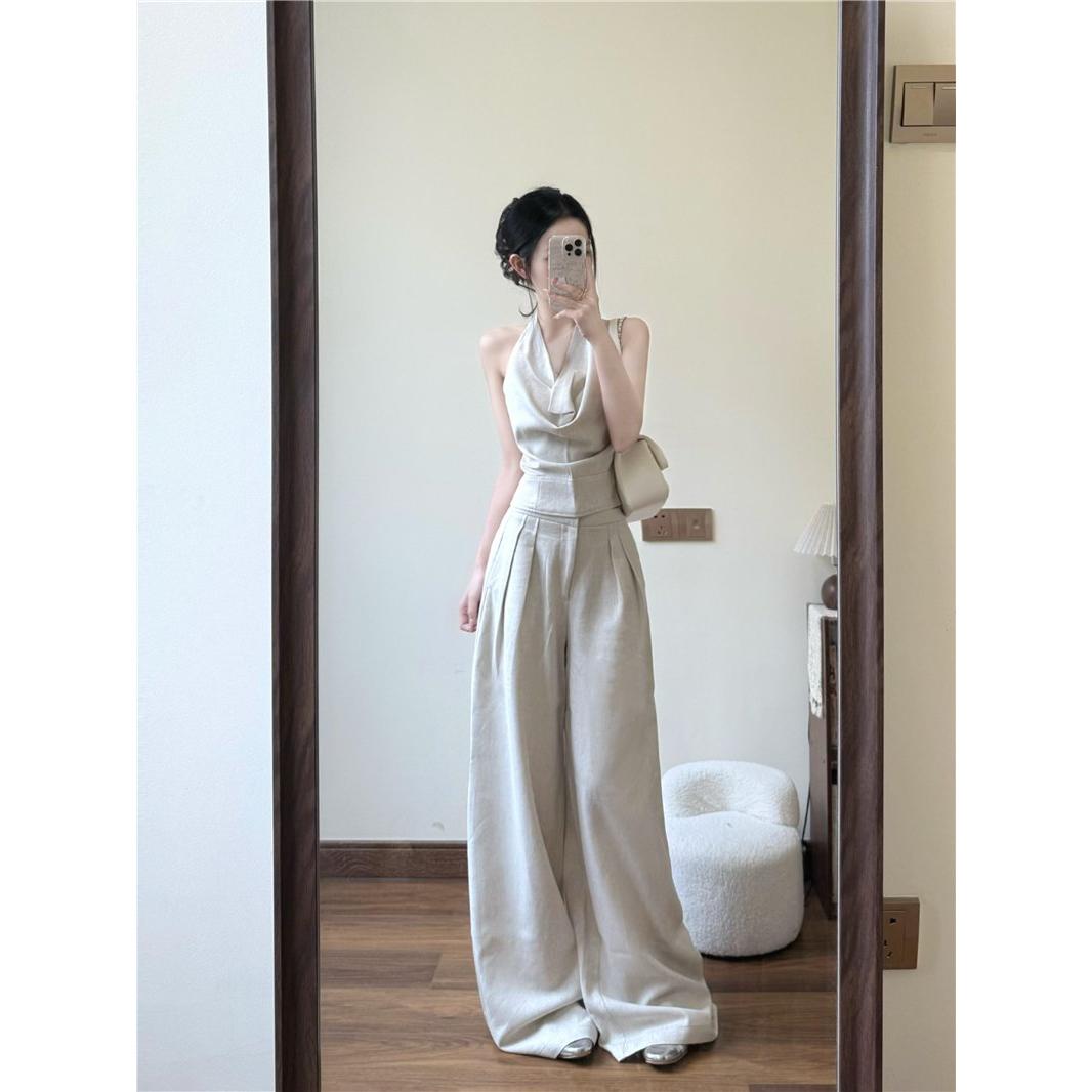 高级感套装女法式气质荡领挂脖背心夏季新款宽松高腰休闲裤两件套