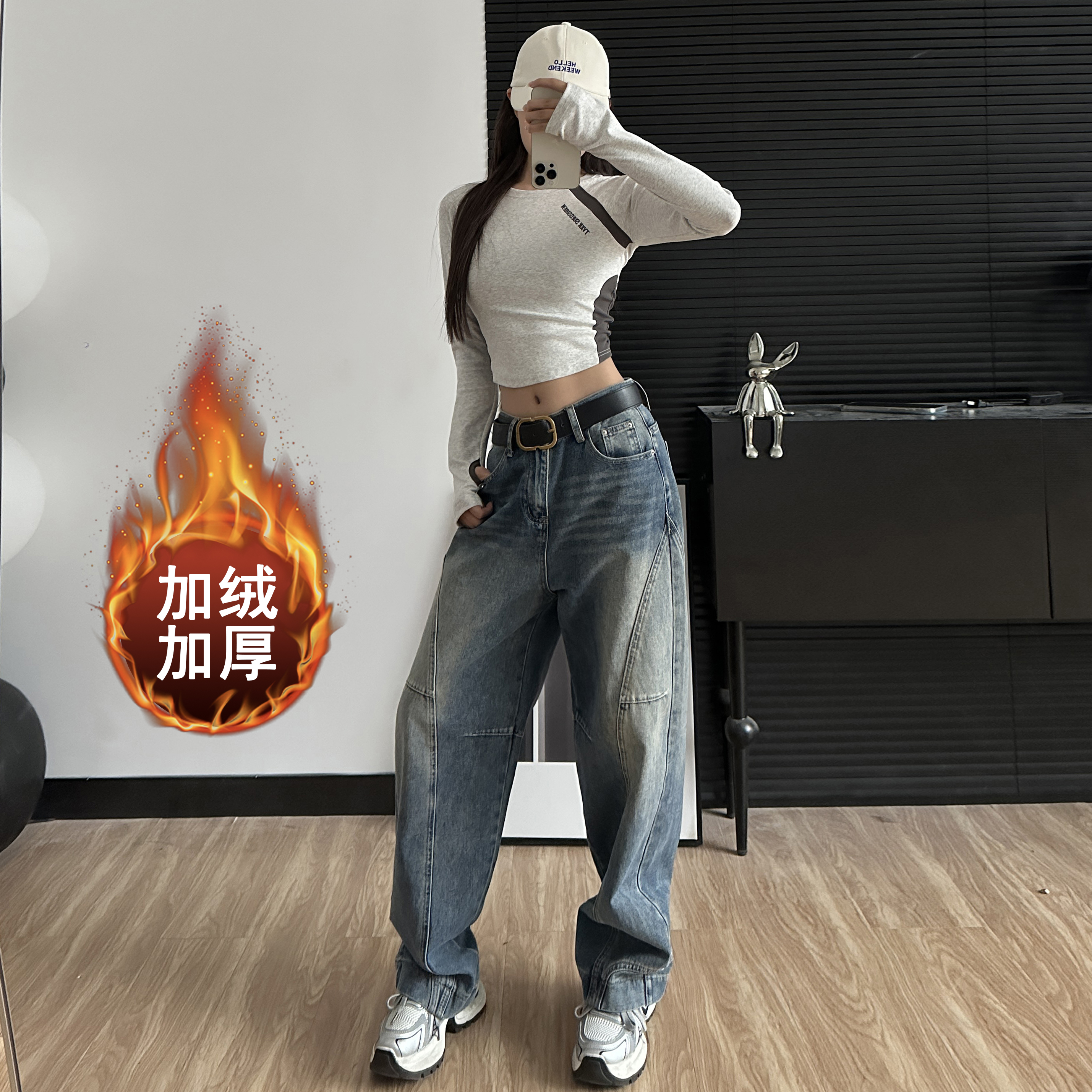 2025新款155小个子高街弯刀美式倒装牛仔裤女加绒复古拖地裤5006