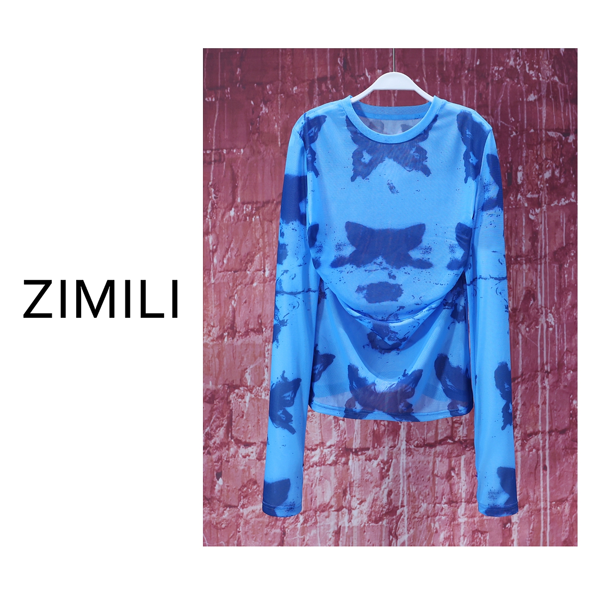 【亮哥女装】2025欧版新品设计师蓝色水印印花高弹网纱上衣6127-K7