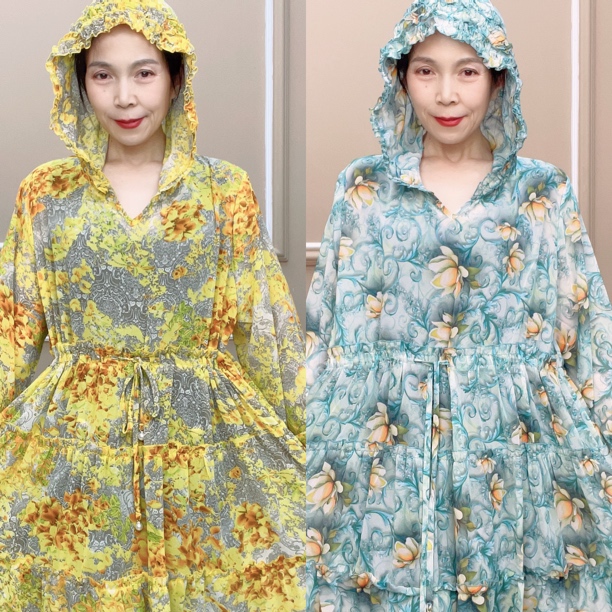 连帽连衣裙大码时尚百搭女士夏季薄款印花长袖休闲春夏宽松中长款