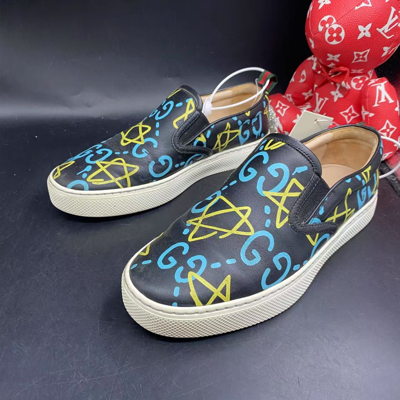 95新 GUCCI/古驰 彩虹涂鸦黑色舒适一脚蹬39欧码ddm2070