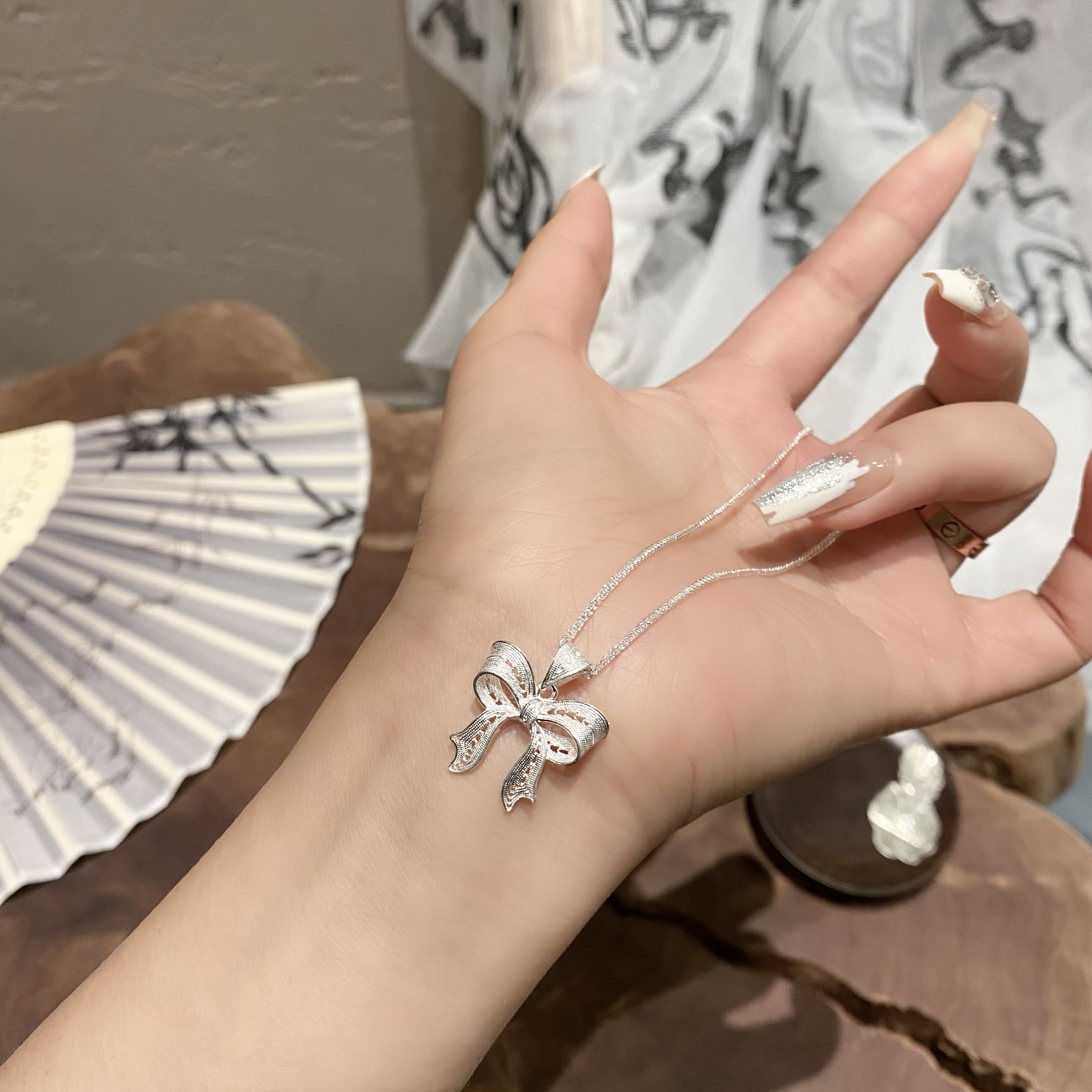 坠链均足银 八禧传承银坊蝴蝶结吊坠套链纯银轻奢小众项链民族