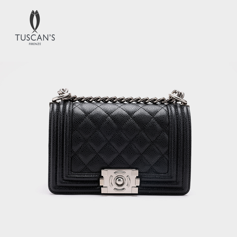 TUSCAN'S真皮小香风鱼子酱经典菱格链条单肩包黑色女士包时代集团