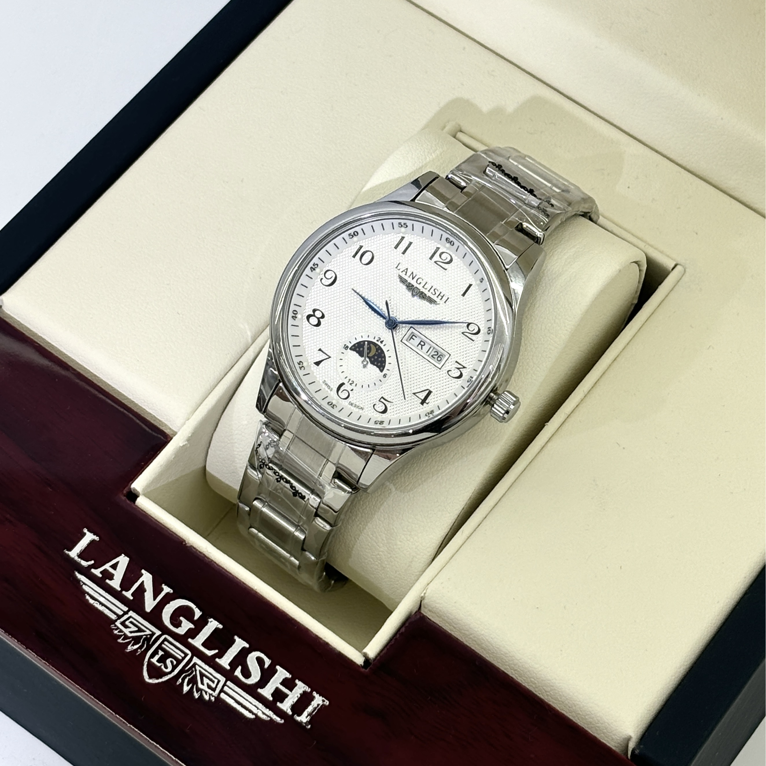 【宠粉直发】男士经典白盘双日历蓝针月相手表数字钢带腕表LS005