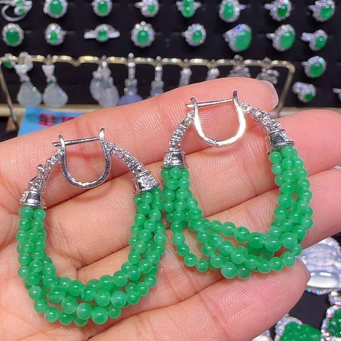 翡翠耳环18K金镶嵌小米珠