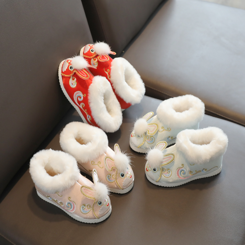 冬季女童汉服鞋拜年鞋儿童绣花鞋加绒加厚保暖棉鞋古装中国风短靴