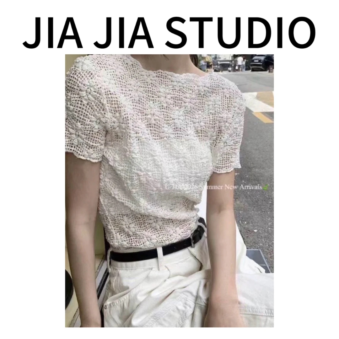 【嘉嘉推荐】#26278 夏季新款立体钩花 百搭显瘦短袖上衣