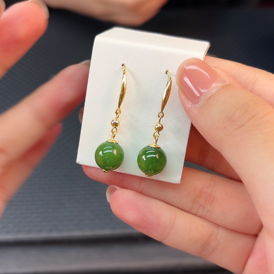 和田玉银S925镶嵌颈饰碧玉单珠耳环