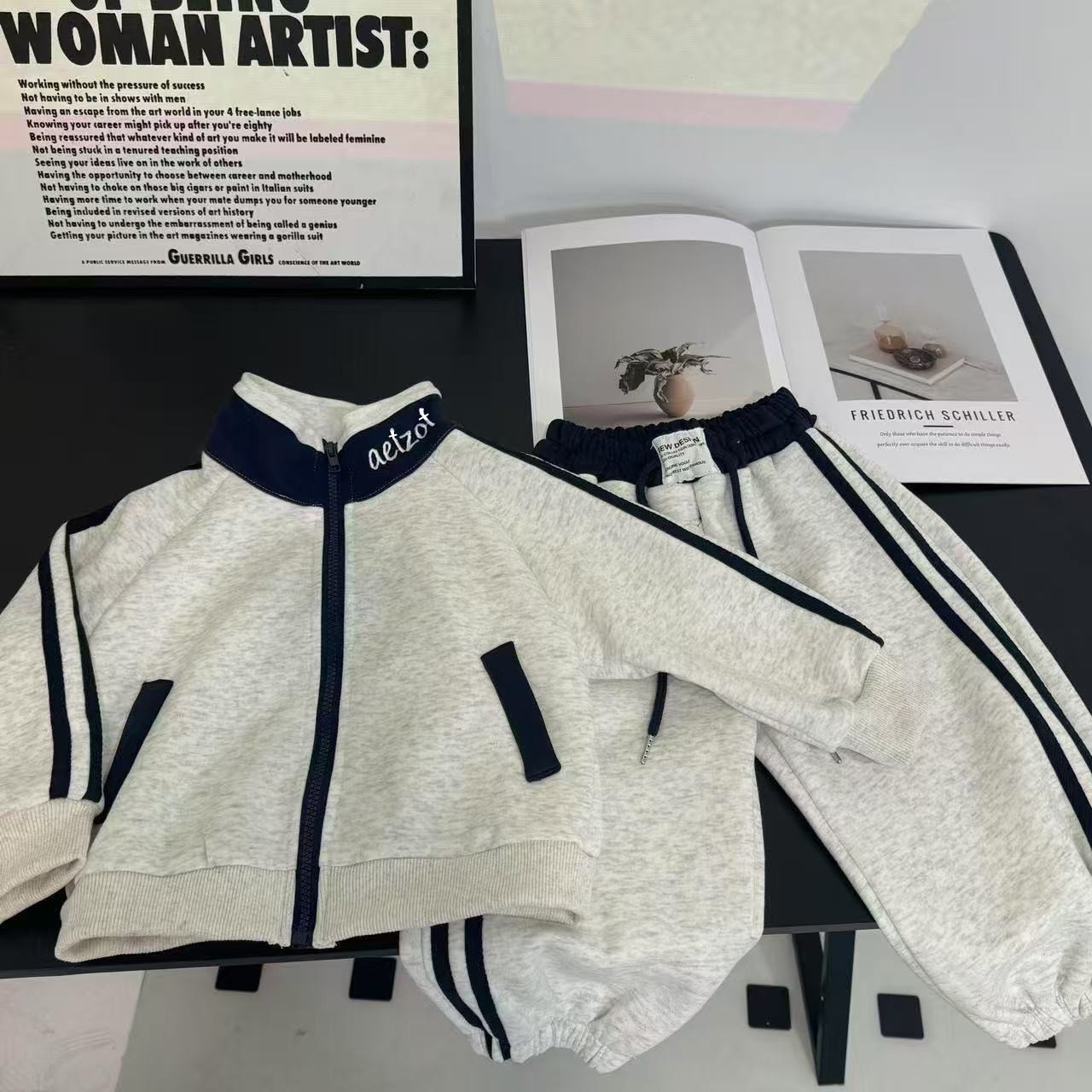 秋季拉链男女童装通用春秋森系套装针织拼接卫衣拼色