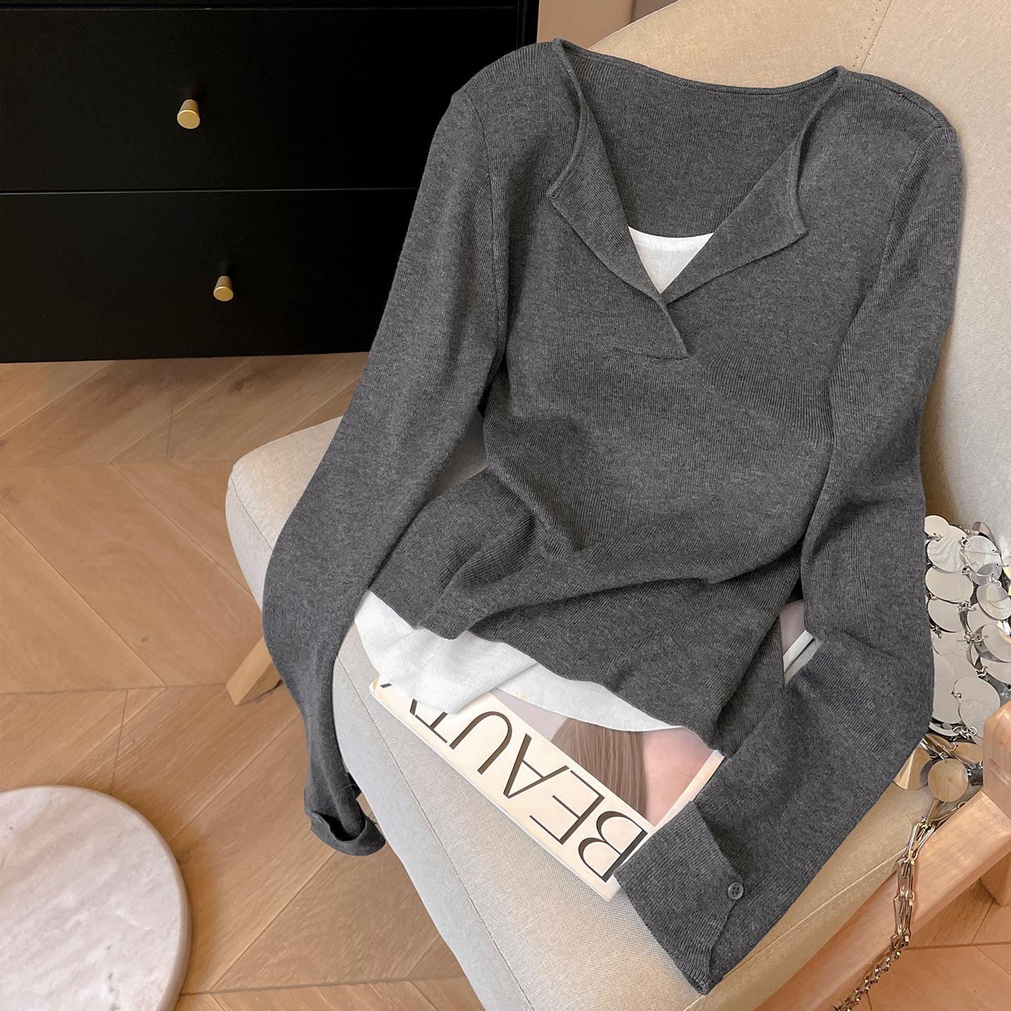 小C家 V领针织衫女2025新款冬套头修身显瘦打底衫拼接假两件上衣