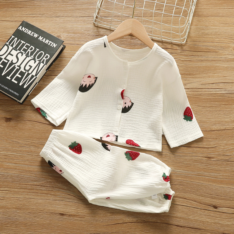 女童家居服2023夏季薄款女宝宝长袖套装双层棉纱女孩空调服夏装潮