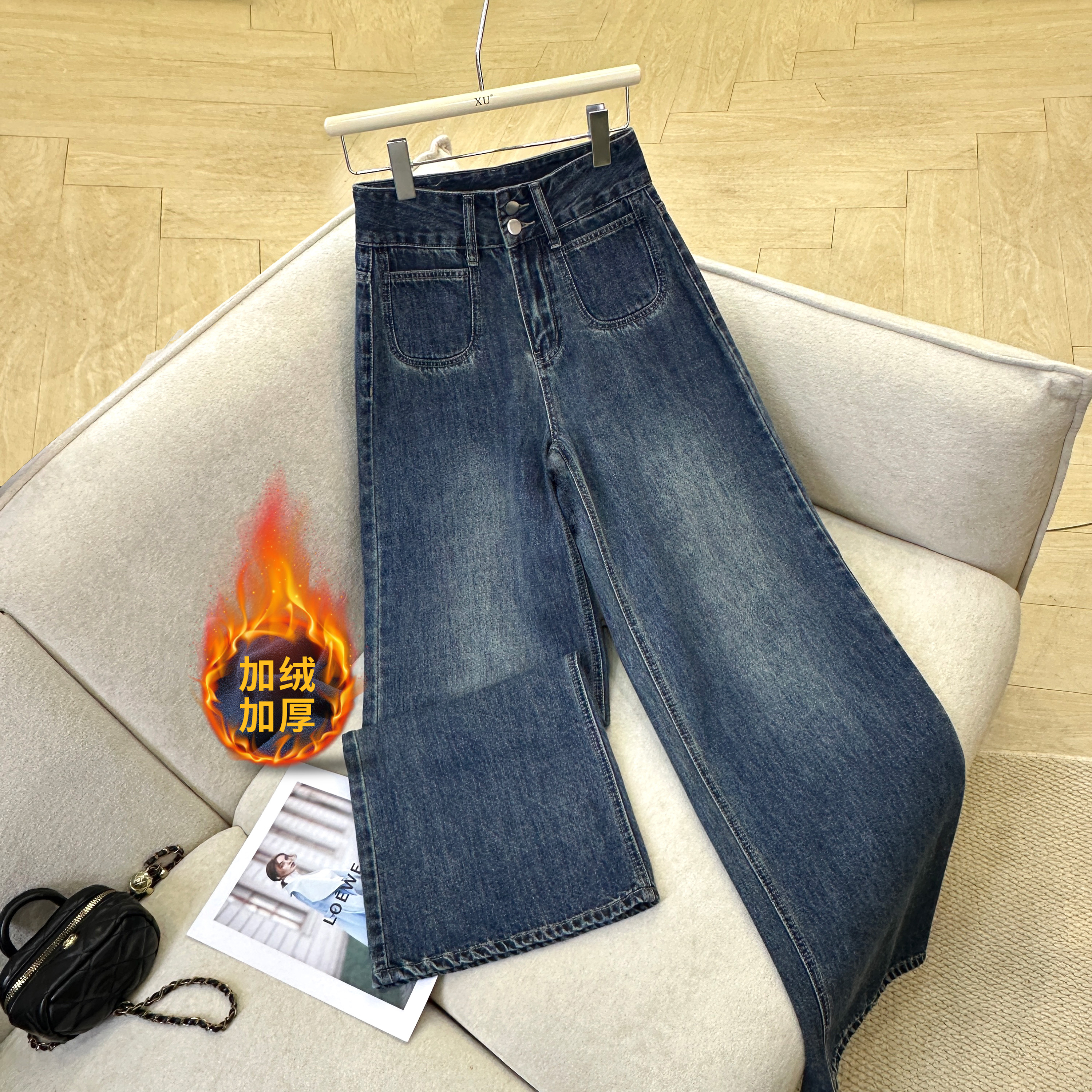 【加绒/不加绒】7276 Q复古口袋设计阔腿牛仔裤女新款高腰显瘦百搭