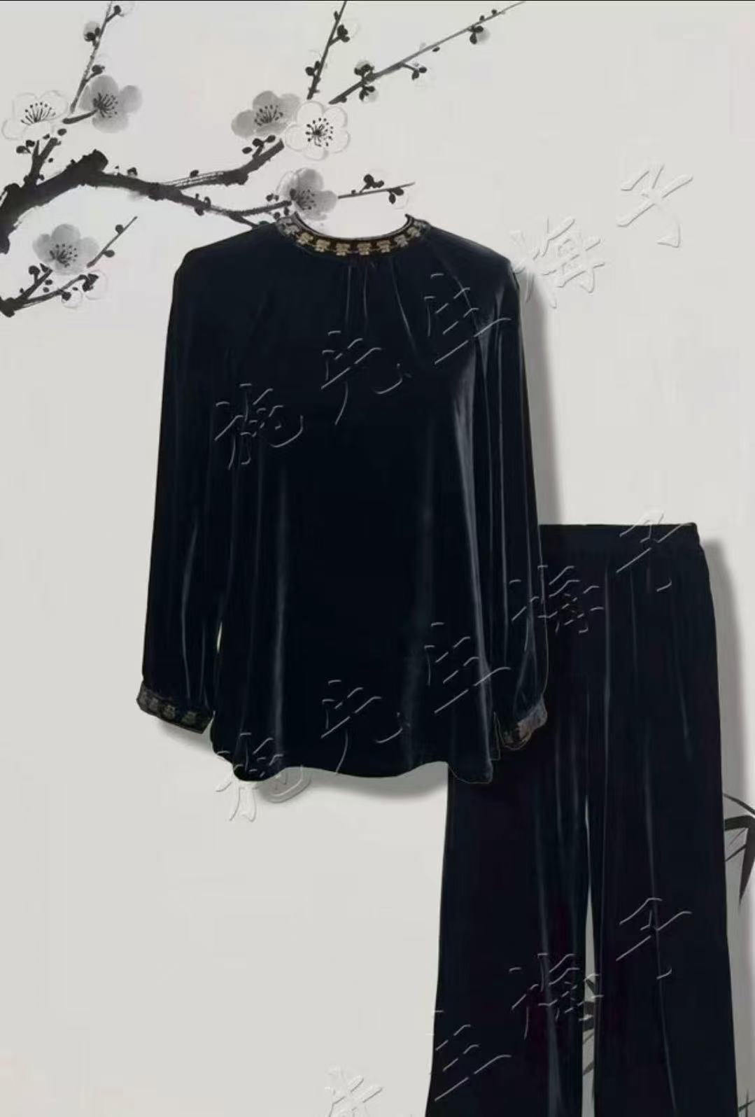【可B065】刺绣宽松型长袖黑色秋季妈妈气质套装25126