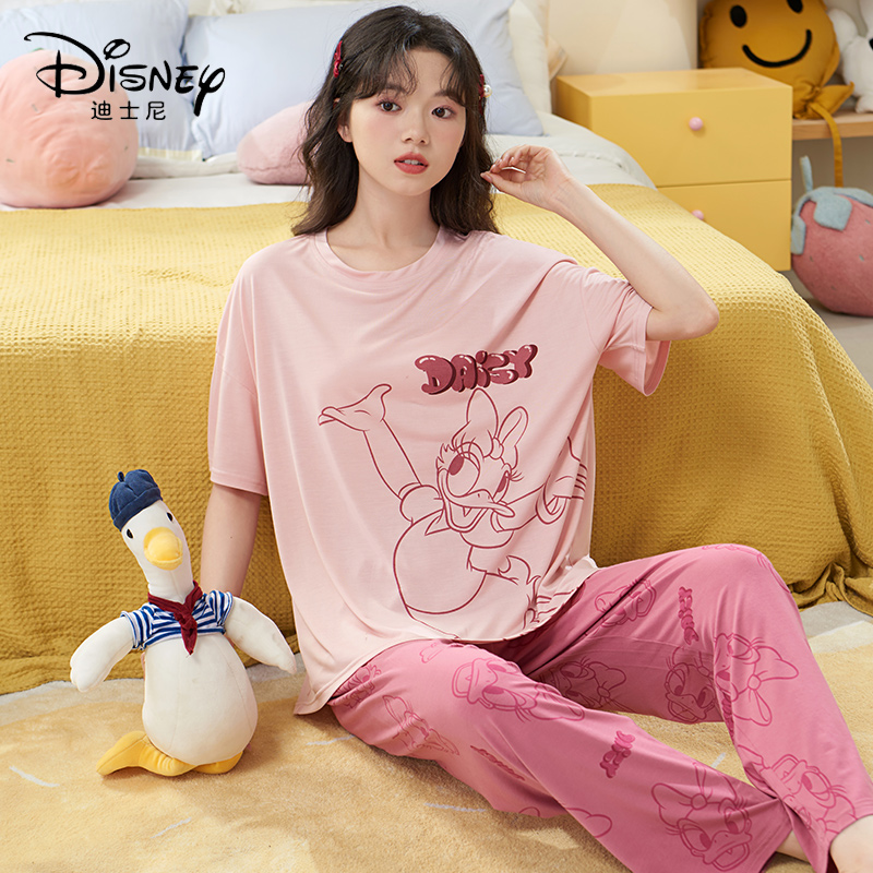 Disney迪士尼套头短袖长裤睡衣带胸垫凉感冰丝舒适家居服0070