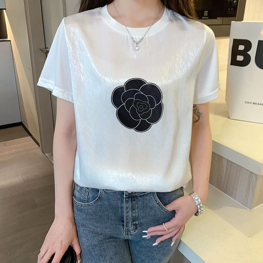 活动款2025滑~冰丝缎面短袖女夏时尚修身显瘦拼接t恤百搭印花短袖