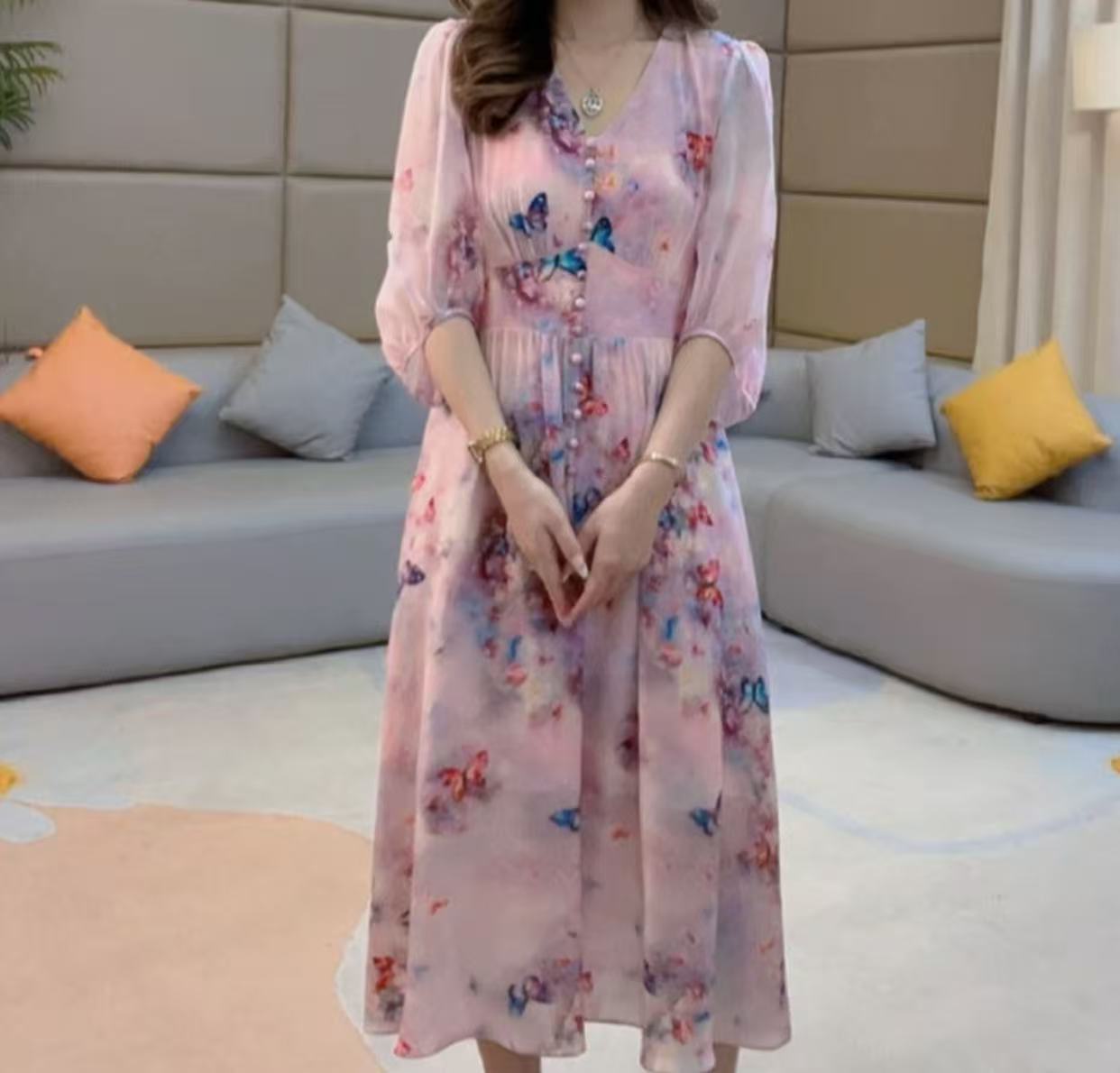 七分袖荡领夏季大摆裙套头连衣裙印花气质紫色百搭90502