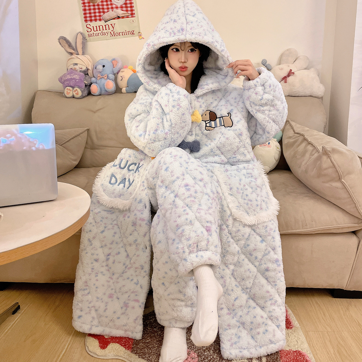 三层夹棉加厚加绒睡袍可外穿冬季睡衣女士卡通珊瑚绒家居服 9047