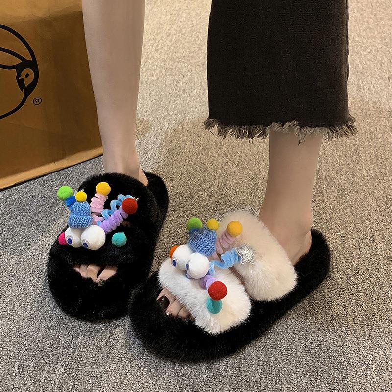【万达撤柜】可爱卡通厚底毛毛拖鞋女冬新款外穿小码居家松糕办公室