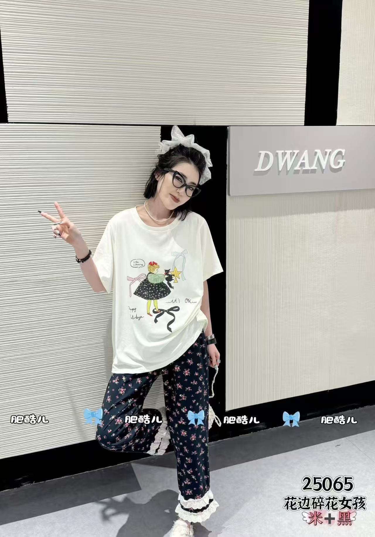 秋季新款大码女士卡通简约透气宽松印花长裤睡衣套装25065