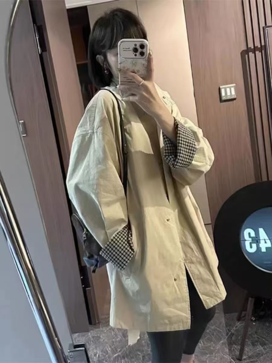 慵懒风条纹袖风衣女中长款立领宽松工装外套