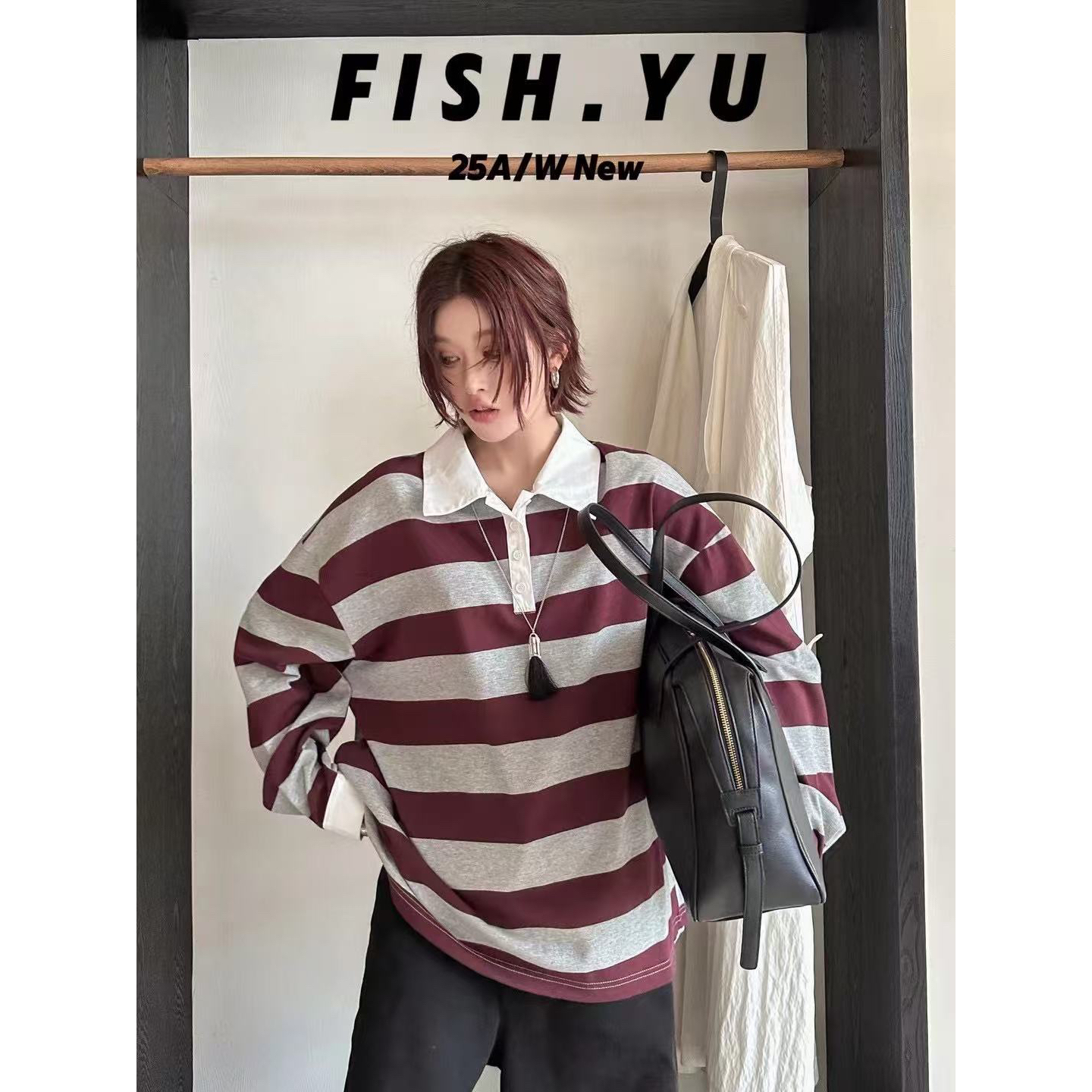 福（1yu25571#）FISH YU 喜欢！polo领宽松显瘦休闲条纹T恤  9-17