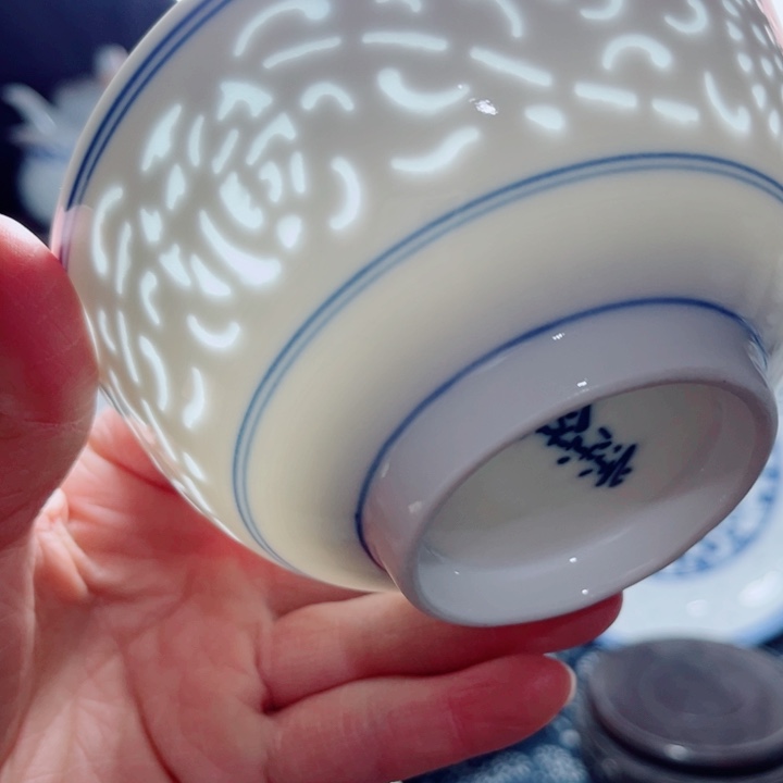 青花玲珑5寸饭碗满雕双福双线