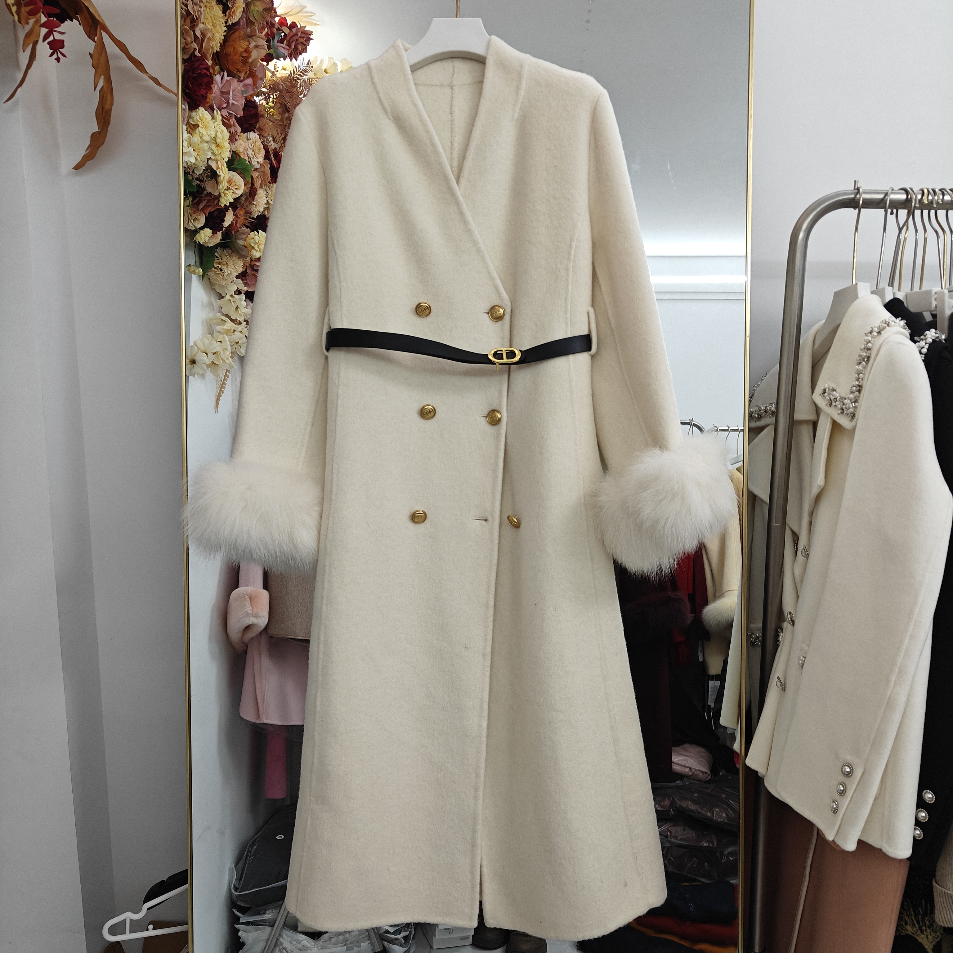 双面双排扣长款气质修身女士毛呢大衣毛毛袖可拆