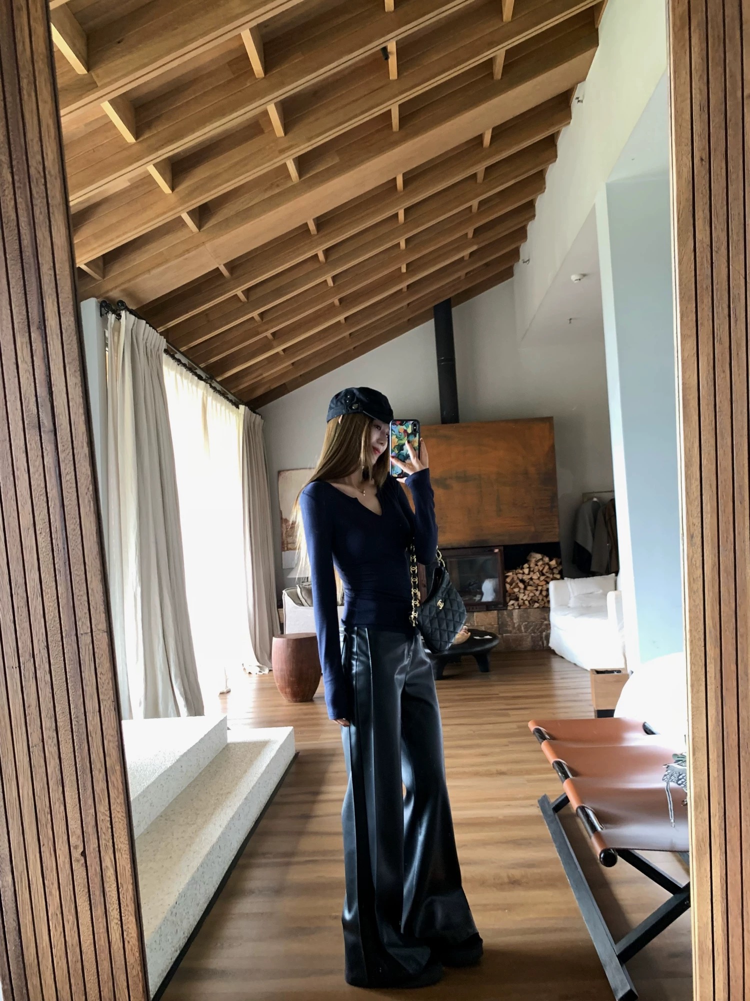 147秋季新款简约韩系pu皮宽松休闲窄版高腰显瘦直筒休闲黑色皮裤