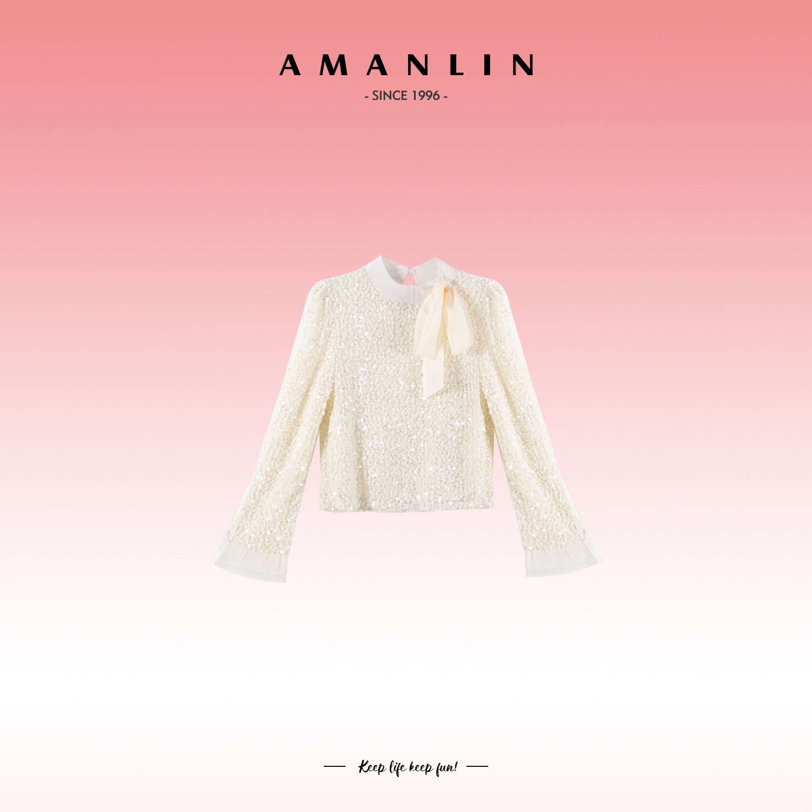 【AMANLIN】闪闪千金蝴蝶结衬衣春季新款喇叭袖上衣F595379