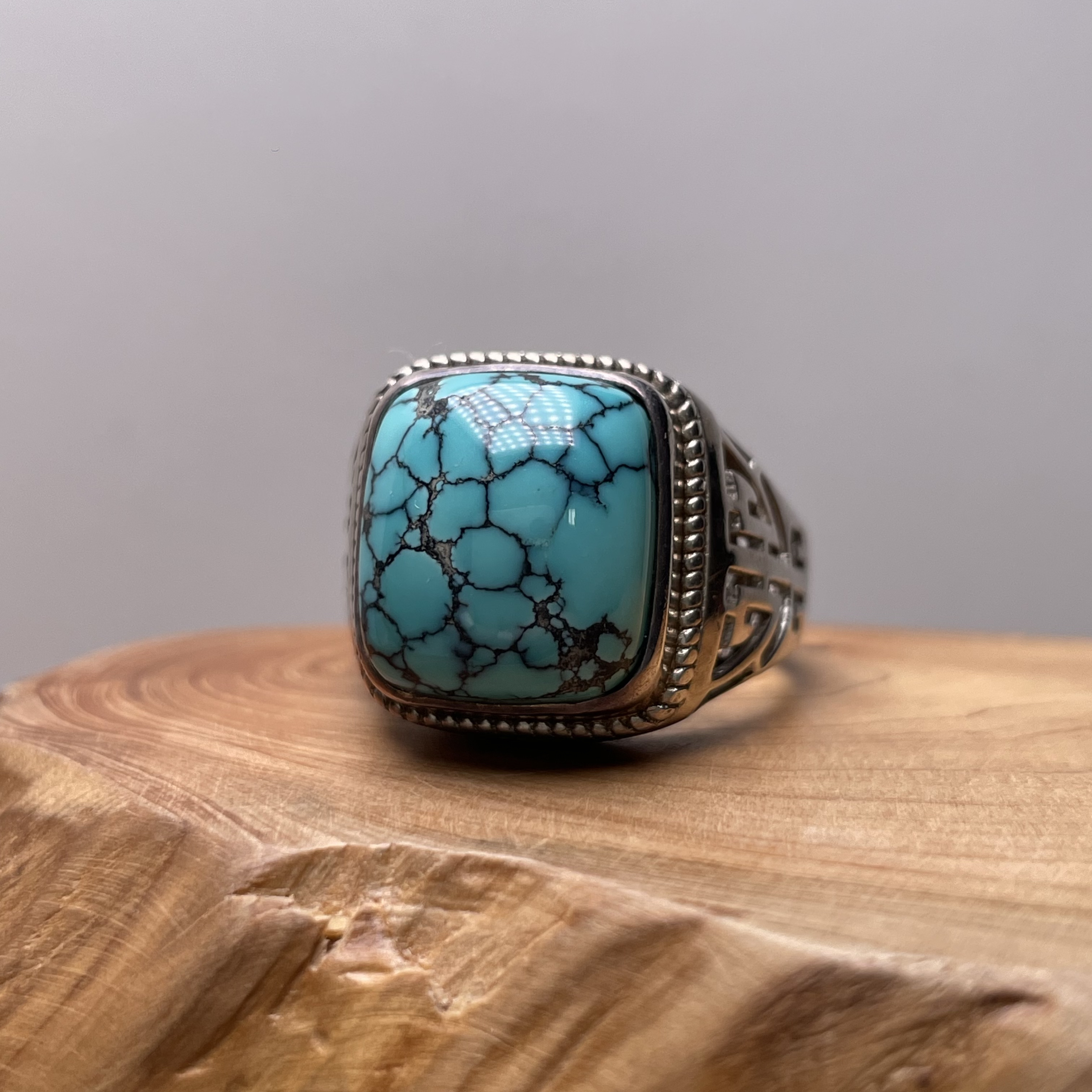 原矿绿松石方戒925银镶嵌13.5/12mm克重8.1克无水无油干料无坑裂