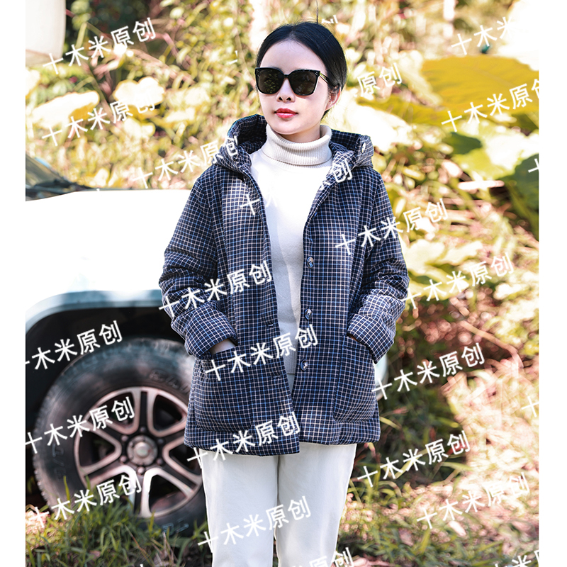 自由歌/十木米原创冬新款全棉色织格子百搭连帽加厚棉服短外套女