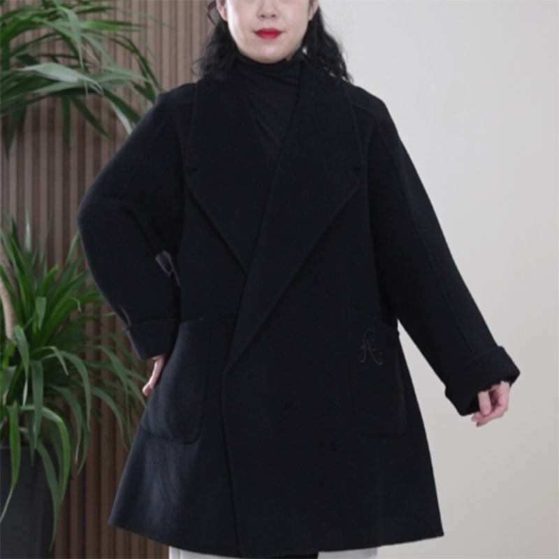 100%羊毛翻领大衣女大码气质保暖双面呢春季显瘦时尚收腰毛呢外套