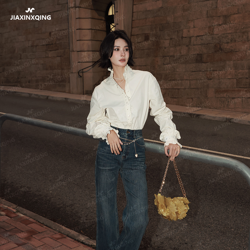JIAXINXQING新品杏色木耳蕾丝边拼接长袖精致花苞袖气质衬衫上衣