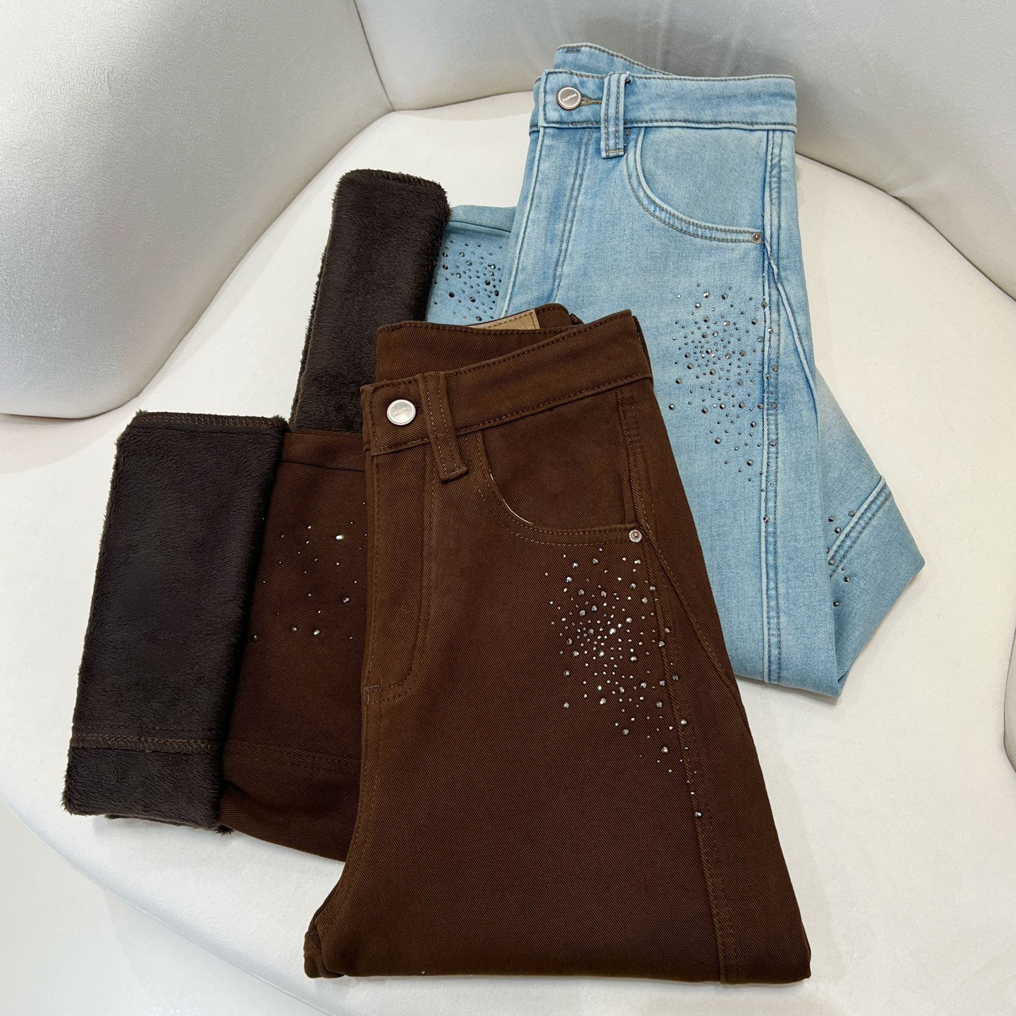 镶钻满天星高腰显瘦阔腿牛仔裤女秋冬新款弹力加绒直筒阔腿裤女