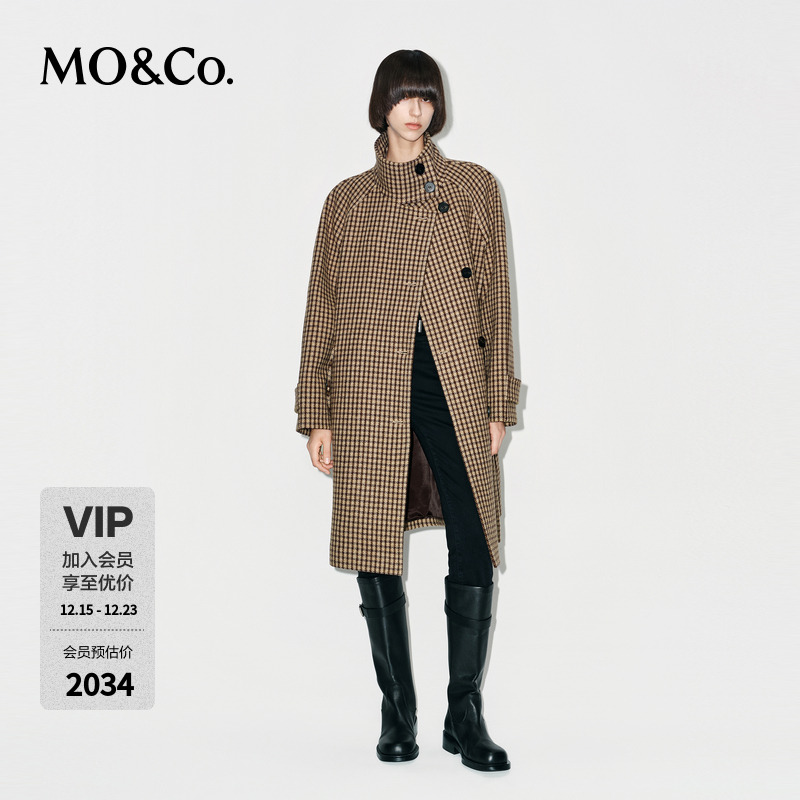 MOCO毛呢大衣2025冬新品绵羊毛5纱10色织千鸟格纹高领MBE4OVCT02