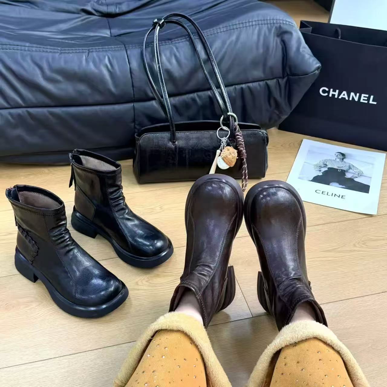 9239新款后拉链圆头舒适百搭软底时尚编织马丁靴