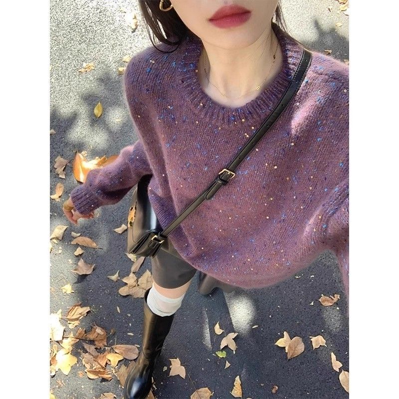 JB02604温柔风软糯紫色亮片毛衣女秋冬奶fufu慵懒打底针织衫上衣