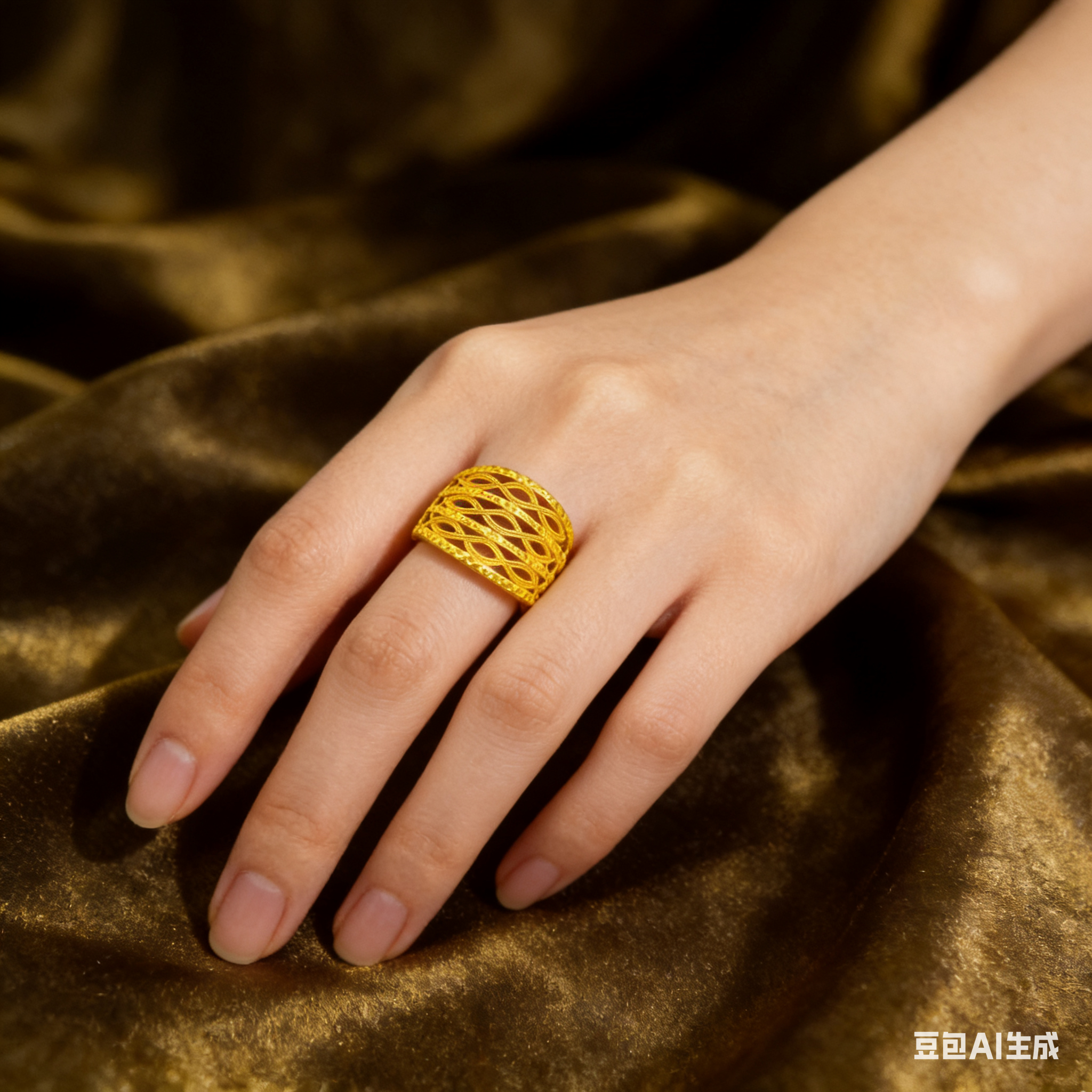 铜合金戒指 铜合金 女士金色镂空椭圆开口可调节不掉色精美首饰