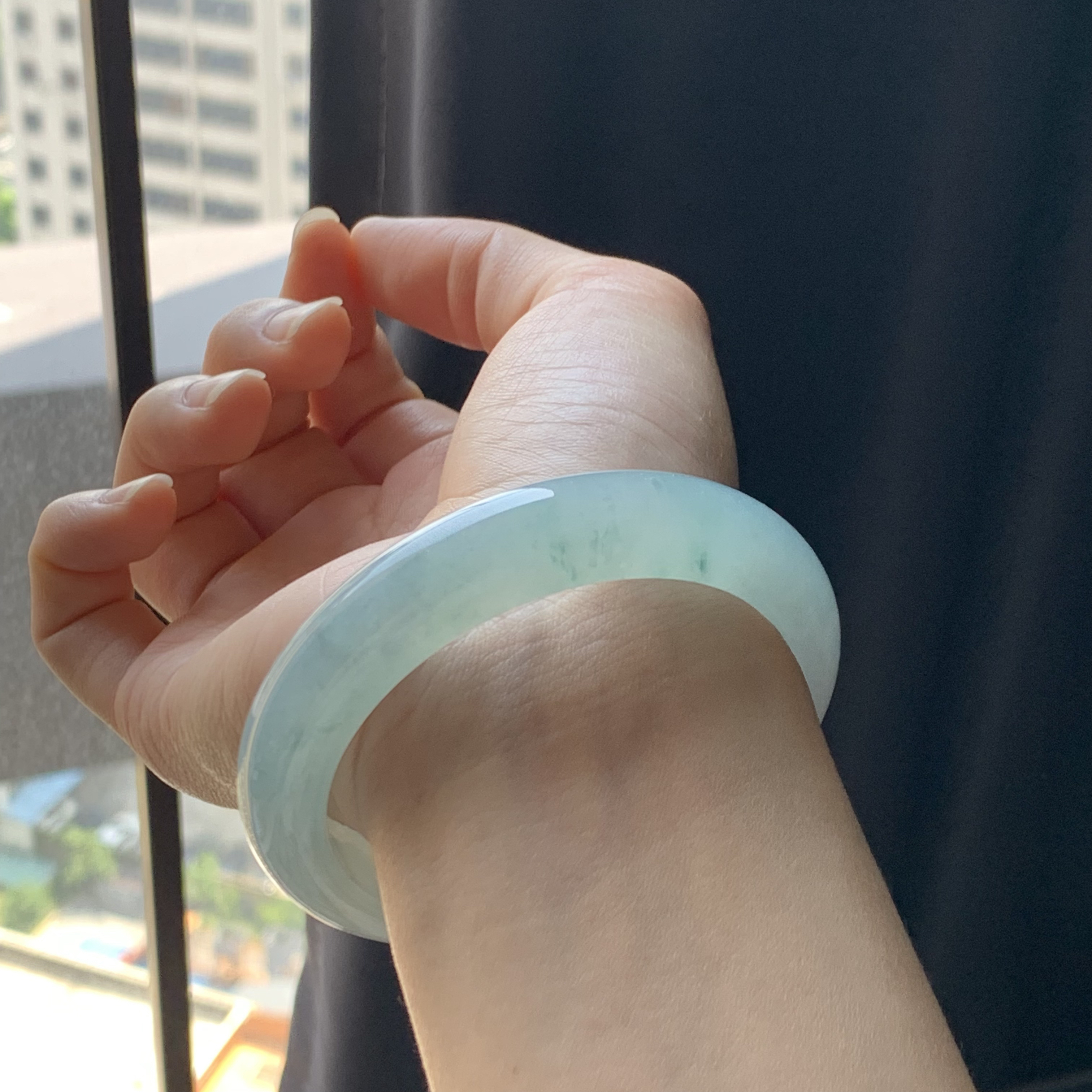 鸣轩翡翠手镯天然A货 冰蓝飘花J87081103 正圈59